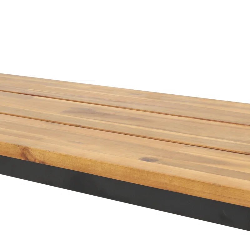 Modern outdoor bench with natural wood slats and a black metal frame