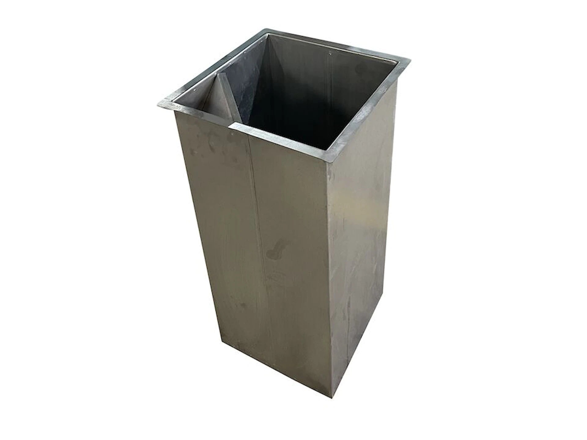 Modern stainless steel rectangular wastebasket with minimalist design on white background