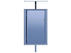 Modern blue metal wastebasket with front door and post, minimalist design
