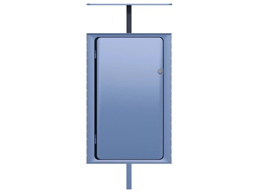 Modern blue metal wastebasket with front door and post, minimalist design
