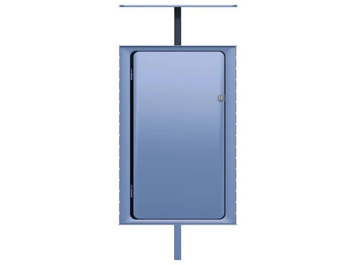 Modern blue metal wastebasket with front door and post, minimalist design