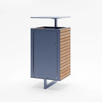 Modern wastebasket with wood slats and metal frame, outdoor trash bin design