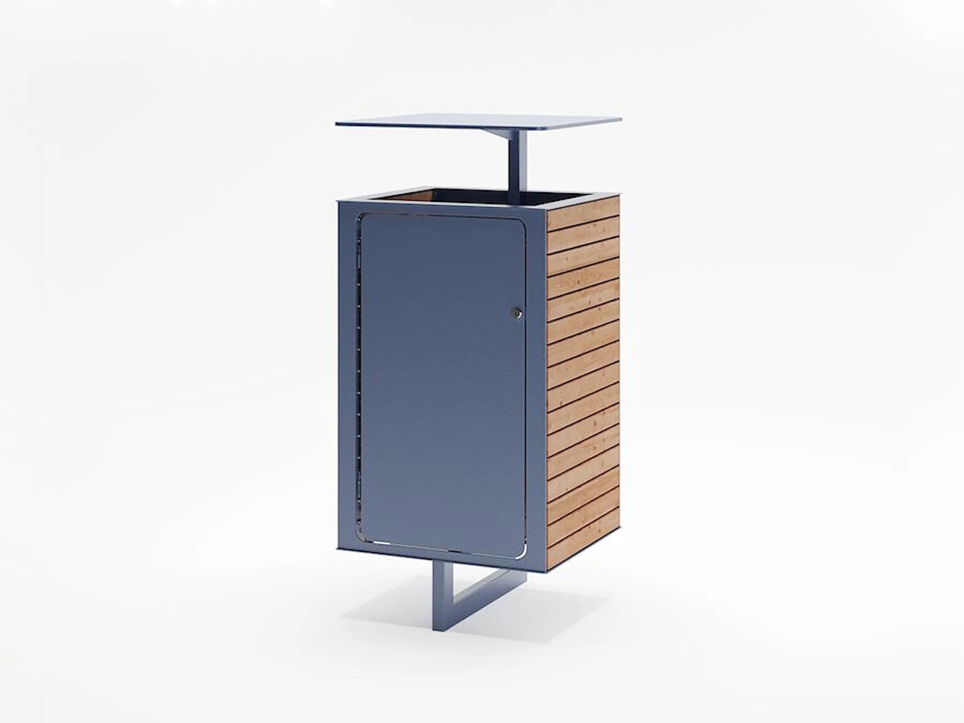 Modern wastebasket with wood slats and metal frame, outdoor trash bin design