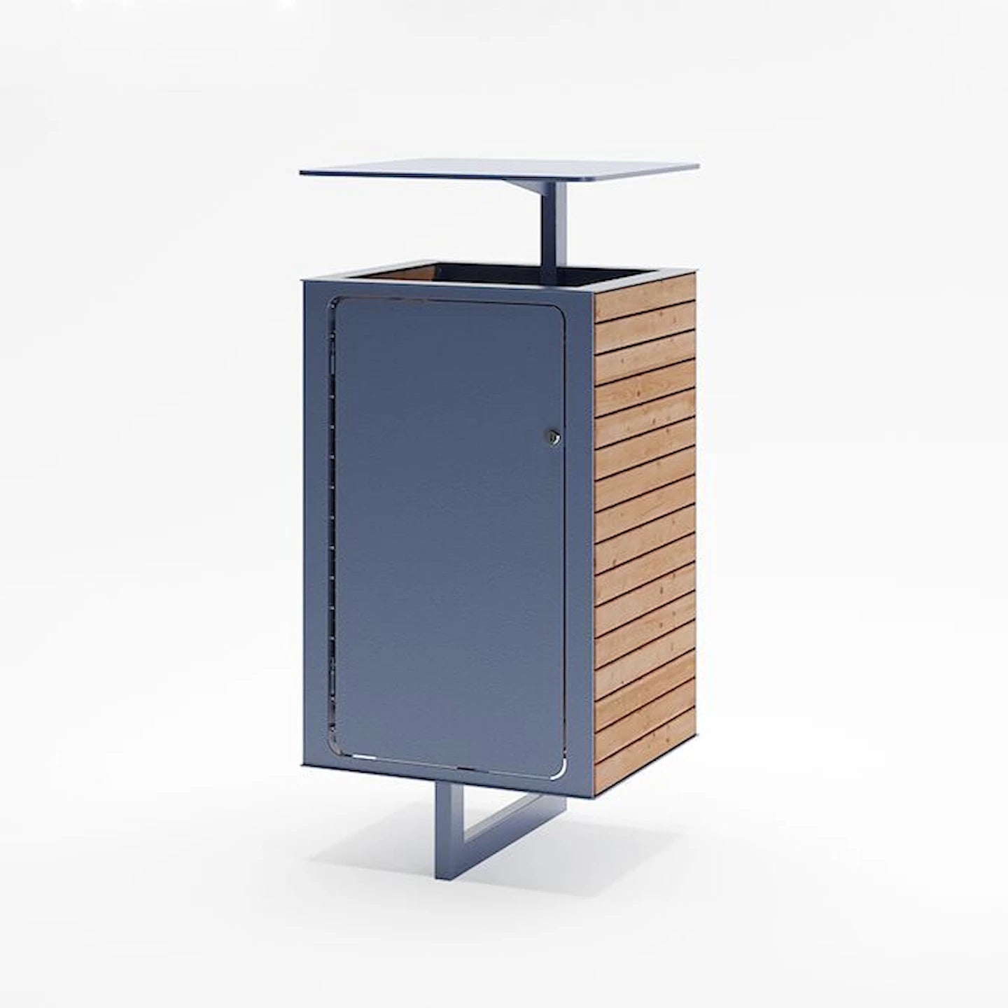 Modern wastebasket with wood slats and metal frame, outdoor trash bin design