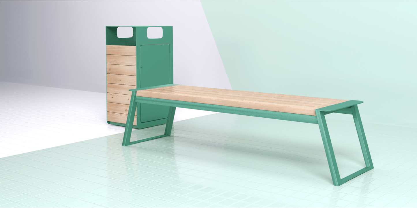 Modern 3-seater backless bench with green metal frame and wooden slats, set indoors.