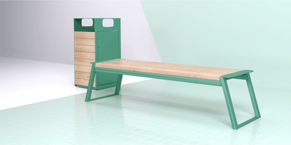 Modern 3-seater backless bench with green metal frame and wooden slats, set indoors.