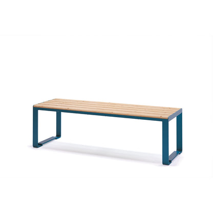 Modern backless 3-seater wooden bench with blue metal frame, minimalist design