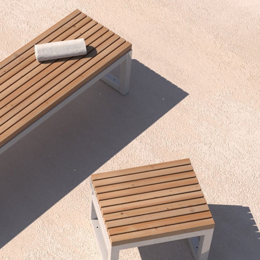 Modern outdoor backless bench and stool with wooden slats and metal frame on patio