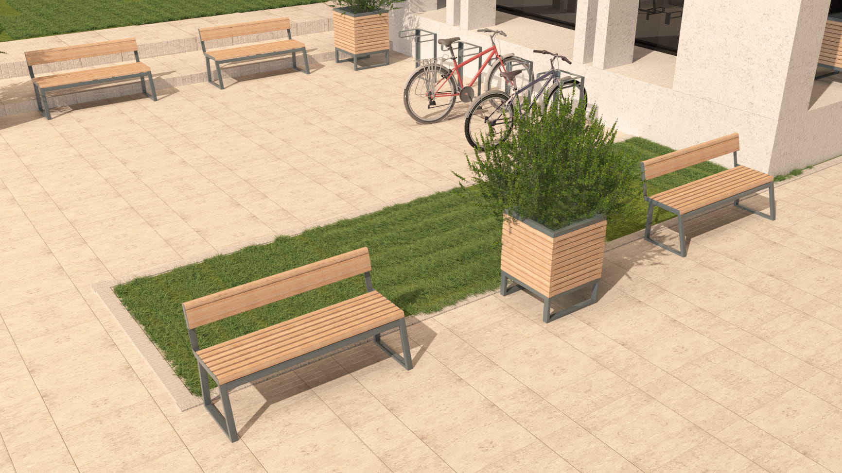Modern 3-seater outdoor bench with backrest and metal frame in a tiled courtyard