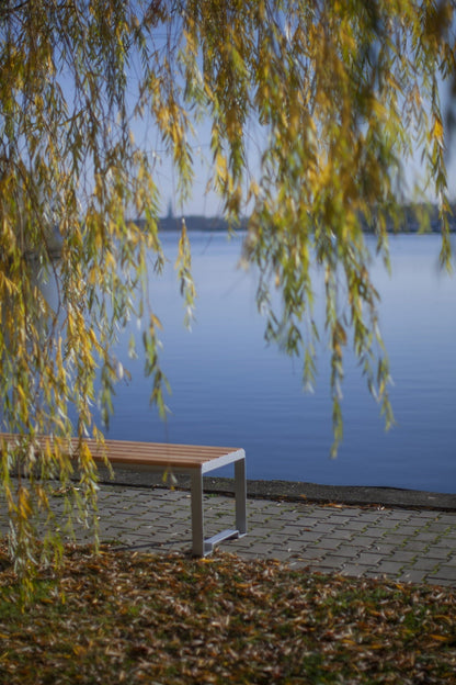 Modern backless outdoor bench on paved walkway near water, under tree branches