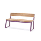 Modern 3-seater wooden bench with purple metal frame and backrest on white background