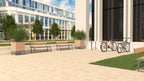 Modern 3-seater public backless benches with metal frames in an outdoor urban plaza.