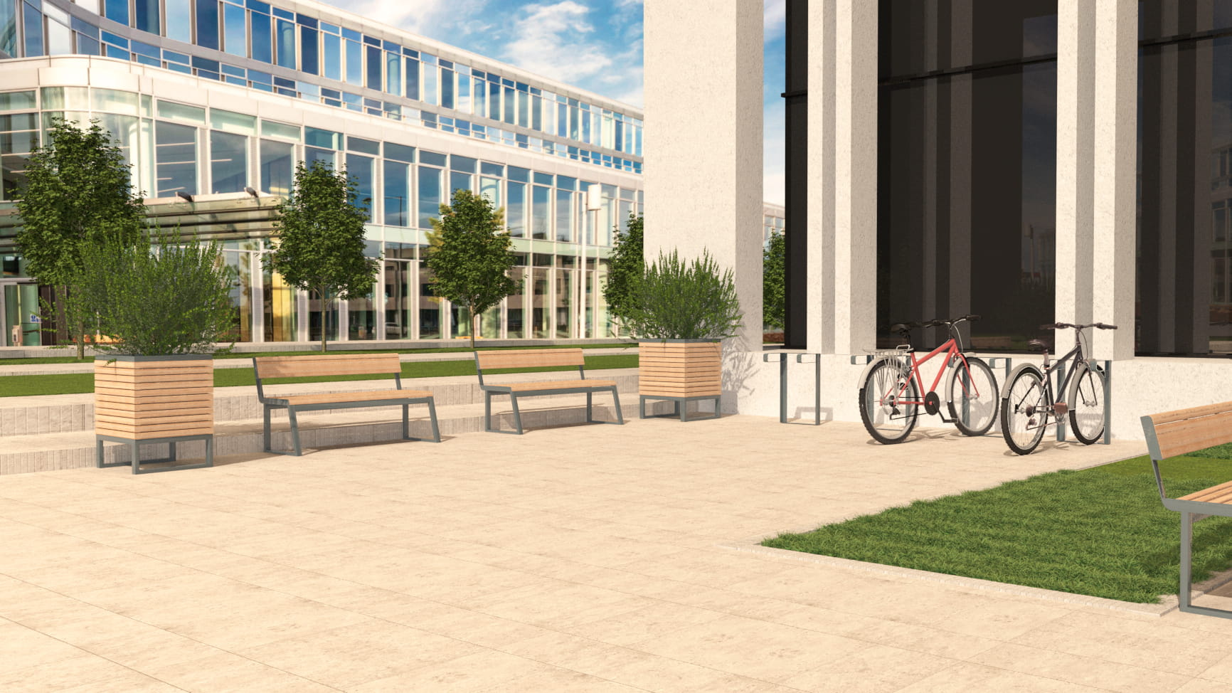 Modern 3-seater public backless benches with metal frames in an outdoor urban plaza.