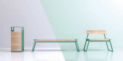 Modern 3-seater backless bench with green metal frame and wood seat in minimal setting