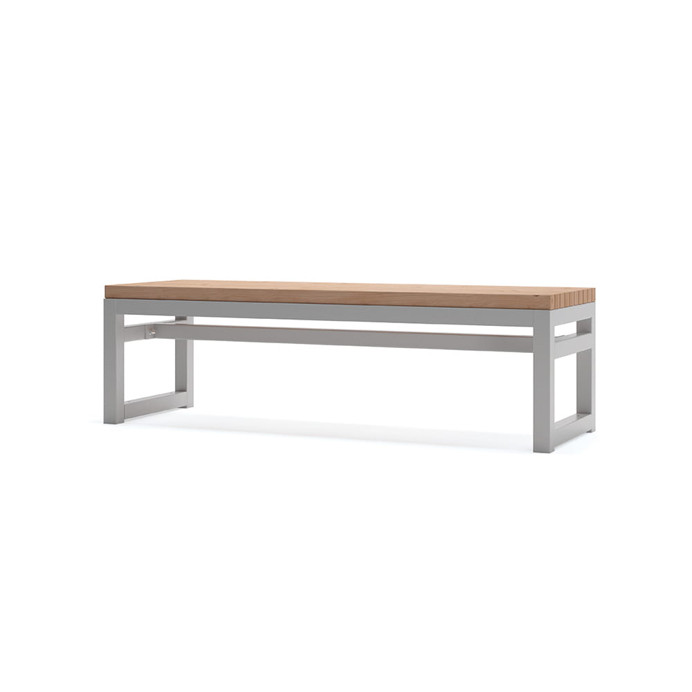 Modern 3-seater backless bench with wood seat and metal frame, minimalist design.