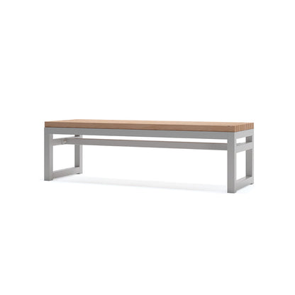 Modern 3-seater backless bench with wood seat and metal frame, minimalist design.