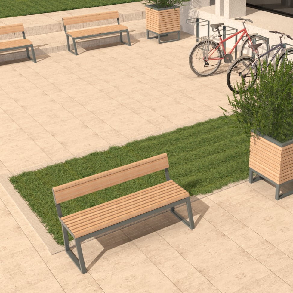 Modern outdoor 3-seater bench with wood slats and metal frame in a plaza setting