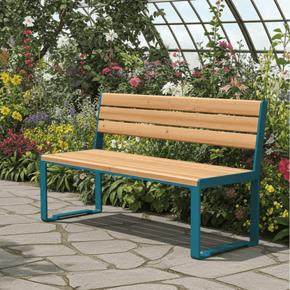 Modern 3-seater wooden bench with blue metal frame in a garden patio setting
