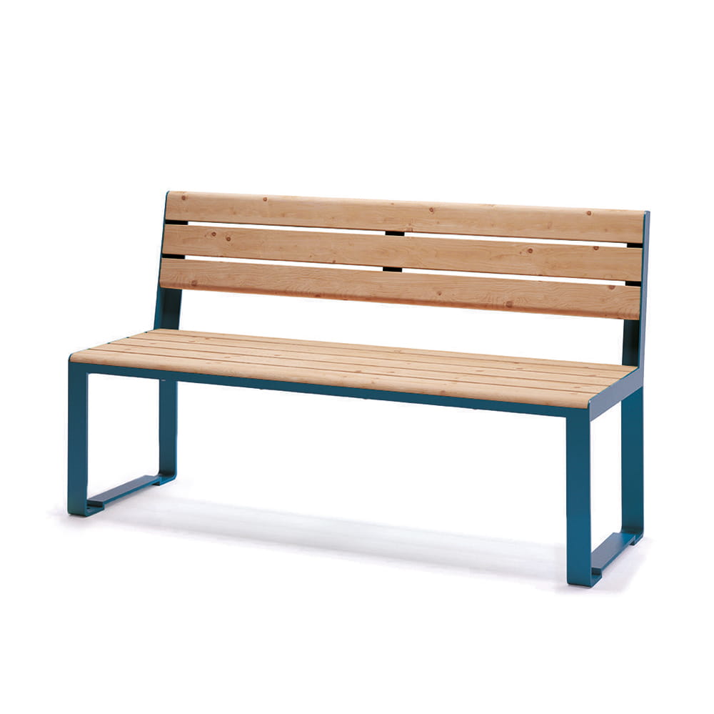 Modern three-seater wooden bench with blue metal frame and backrest, isolated on white background