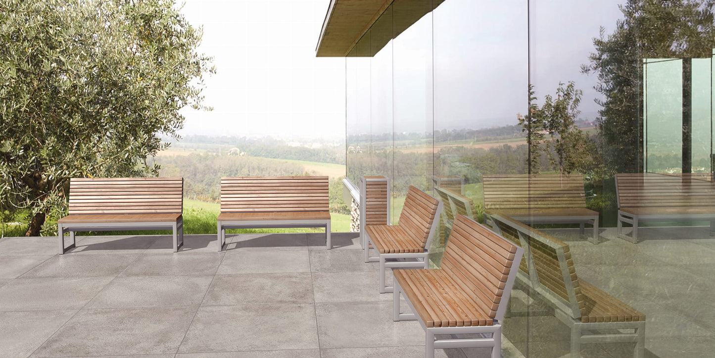 Modern outdoor wooden benches with backrests on a patio with scenic views