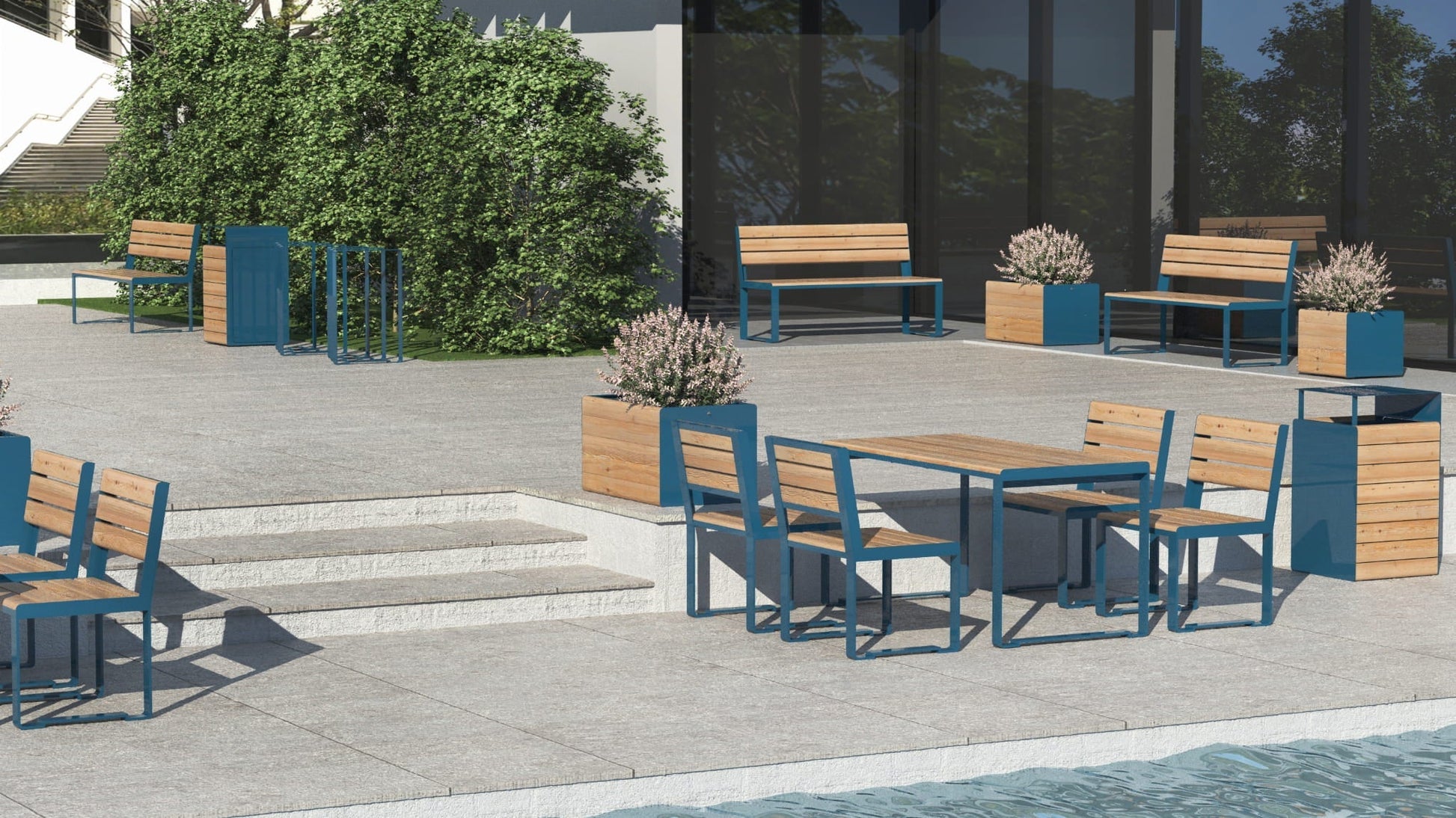 Modern outdoor public benches and table set with wood and blue metal frames on stone patio