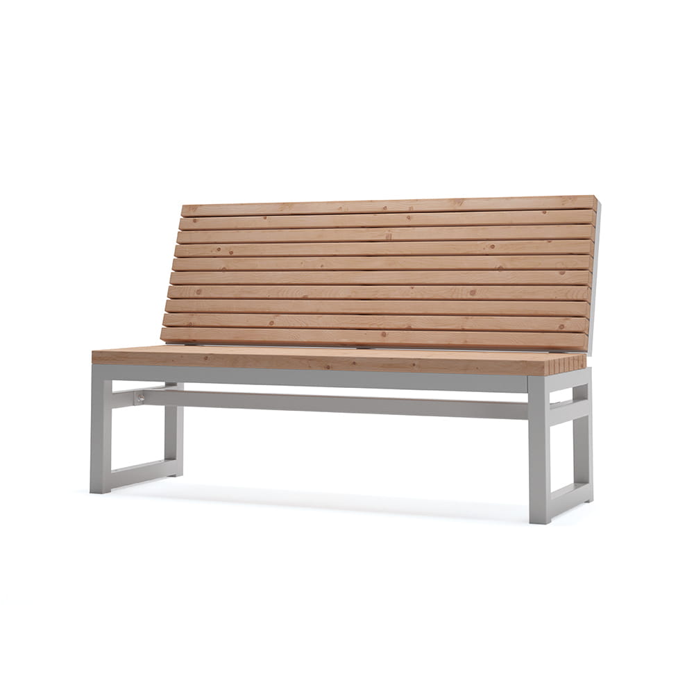Modern three-seater wooden bench with metal frame and slatted backrest on white background