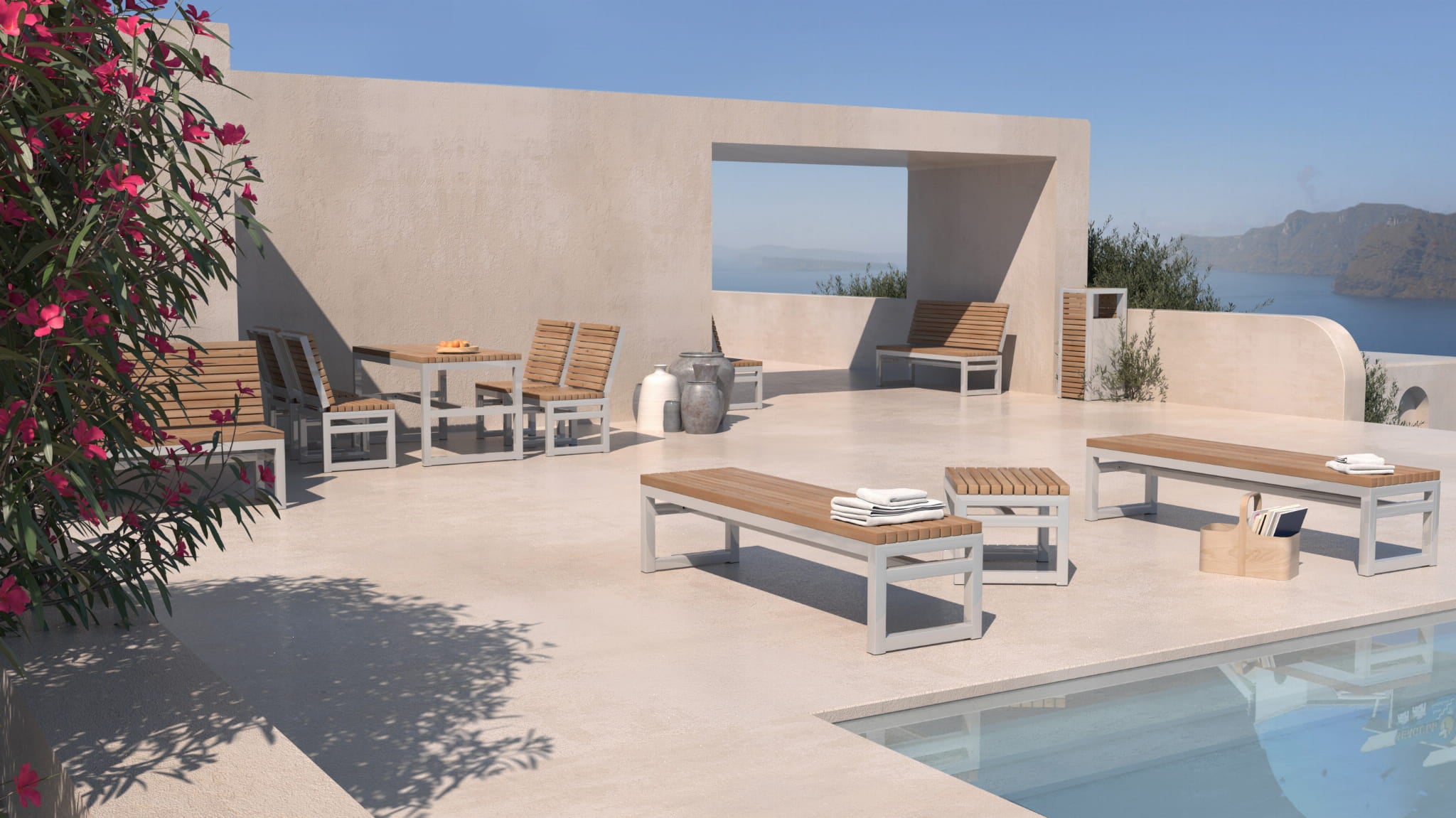 Modern outdoor patio with wooden and metal benches, pool, and scenic sea view.