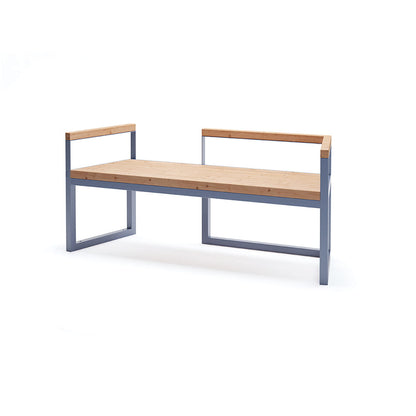 Modern 3-seater bench with wooden seat, metal frame, backrest, and armrests