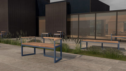 Modern 3-seater outdoor bench with backrest and armrests on a paved patio