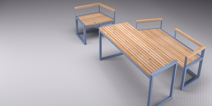 Modern three-seater wooden bench with backrest and armrests, blue metal frame