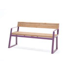 Modern 3-seater wooden bench with backrest and purple metal armrests, public seating