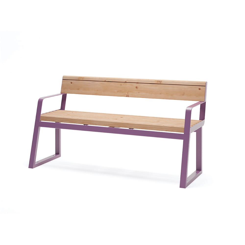 Modern 3-seater wooden bench with backrest and purple metal armrests, public seating