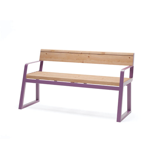 Modern 3-seater wooden bench with backrest and purple metal armrests, public seating