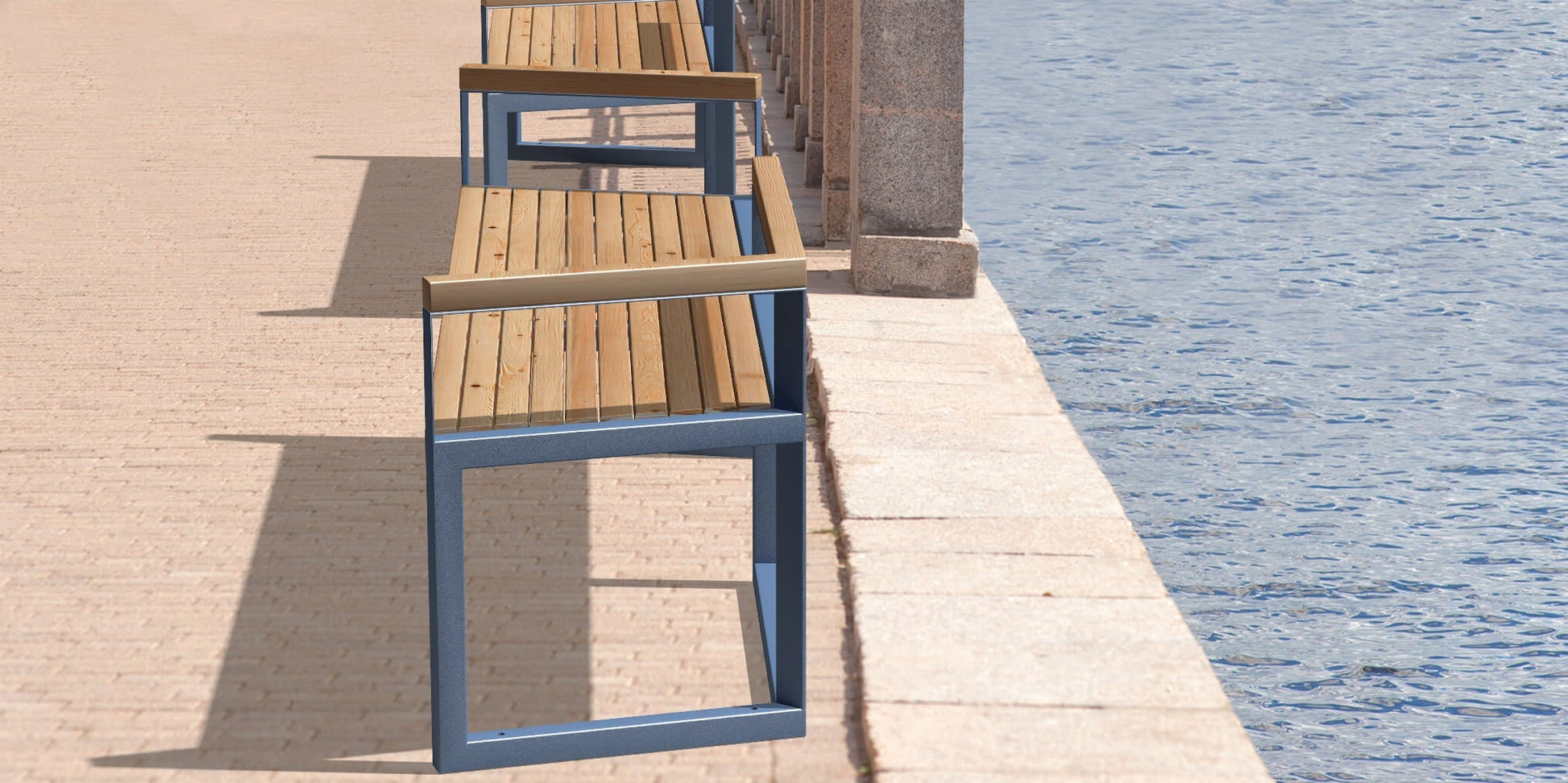 Outdoor 3-seater public bench with backrest and armrest, wood and metal, by waterfront