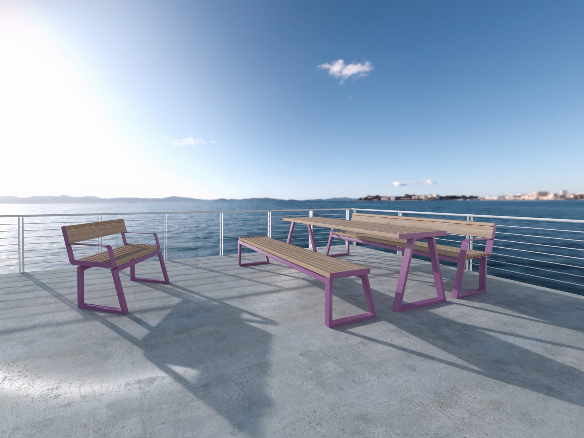 Modern outdoor bench with backrest and armrests, wood and purple metal, on waterfront patio