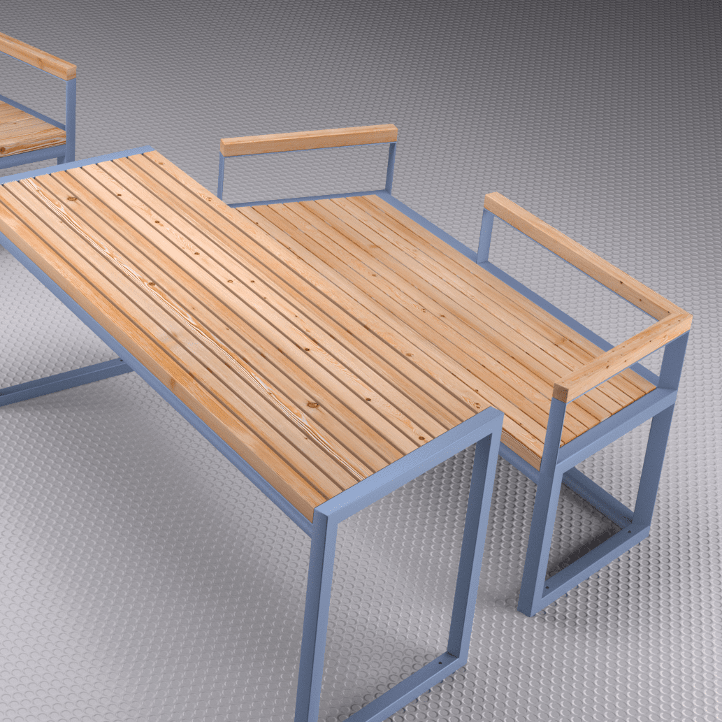 Modern 3-seater wood and metal bench with backrest and armrests, public seating