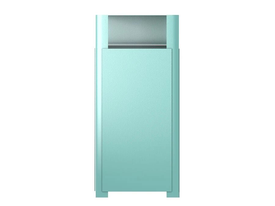 Modern aqua blue rectangular wastebasket with a metallic lid, minimalist design