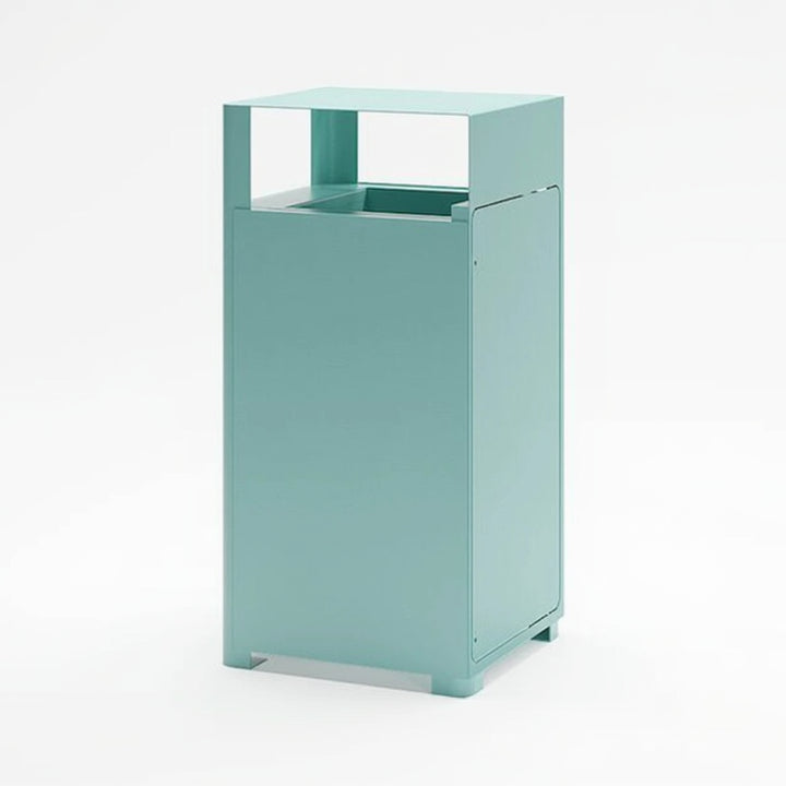 Modern aqua wastebasket with a square minimalist design on a white background