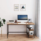 Modern wood and metal office desk with shelves, styled with computer and decor for home workspace
