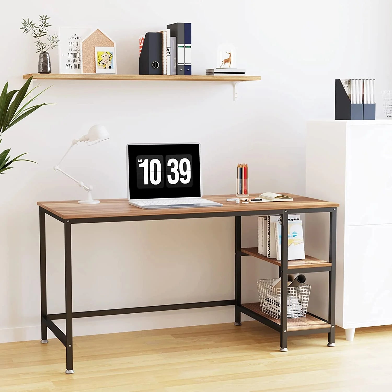 Modern black and brown desk with shelves in a minimalist home office setting