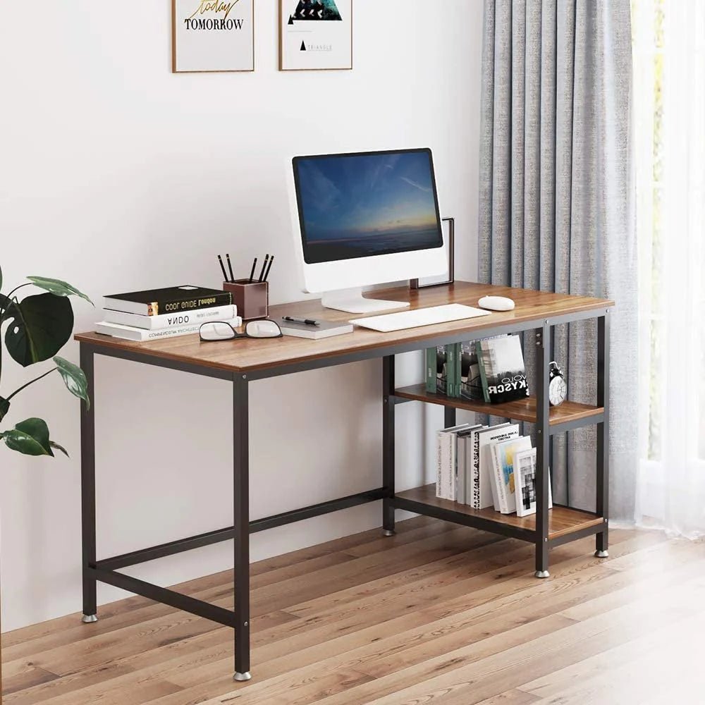 Modern steel and wood office desk with shelves, ideal for home workspace or study area