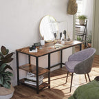 Rustic wood and metal desk with open shelves, styled as vanity or office workspace with mirror and chair