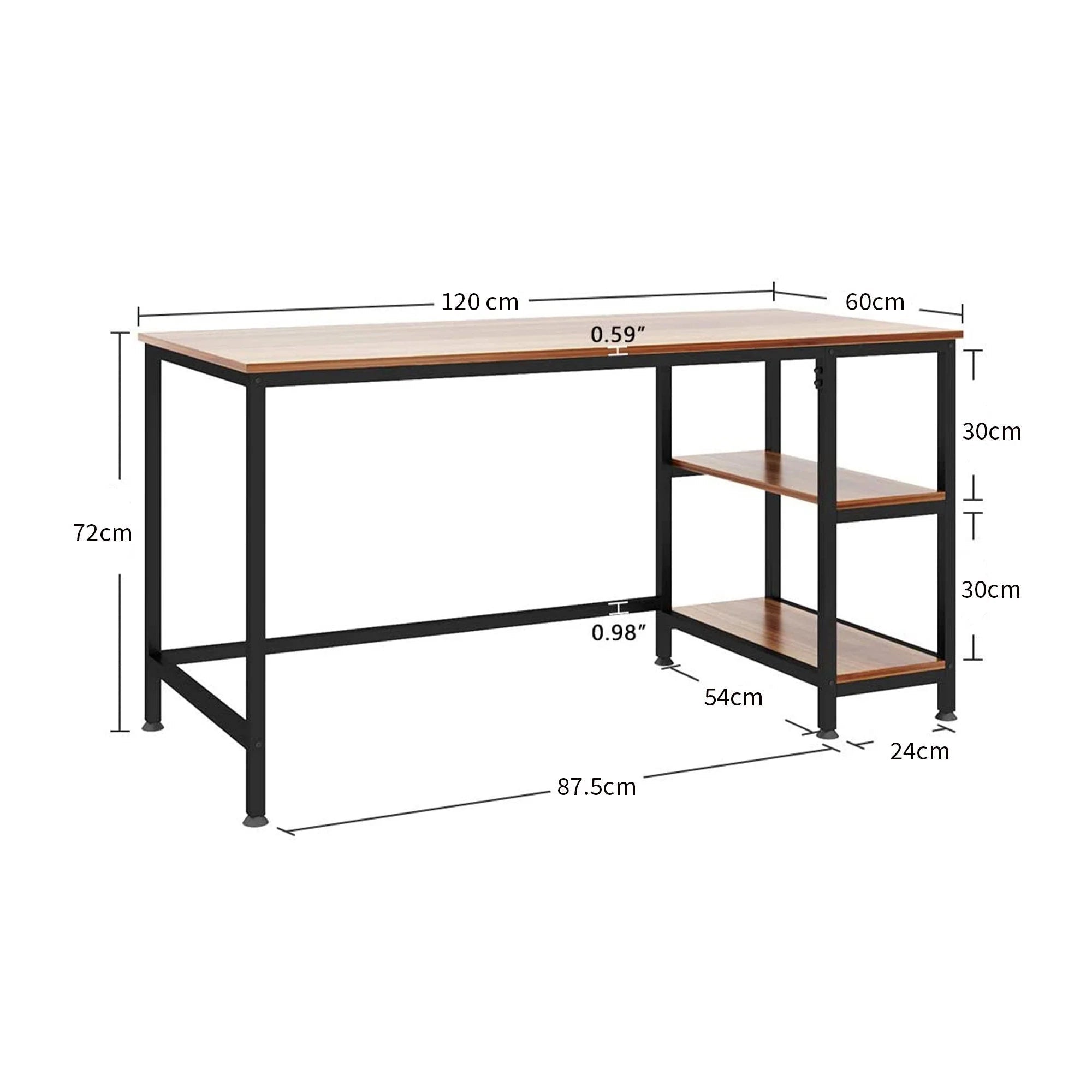 Black and brown desk with metal frame, wood shelves, and detailed size measurements