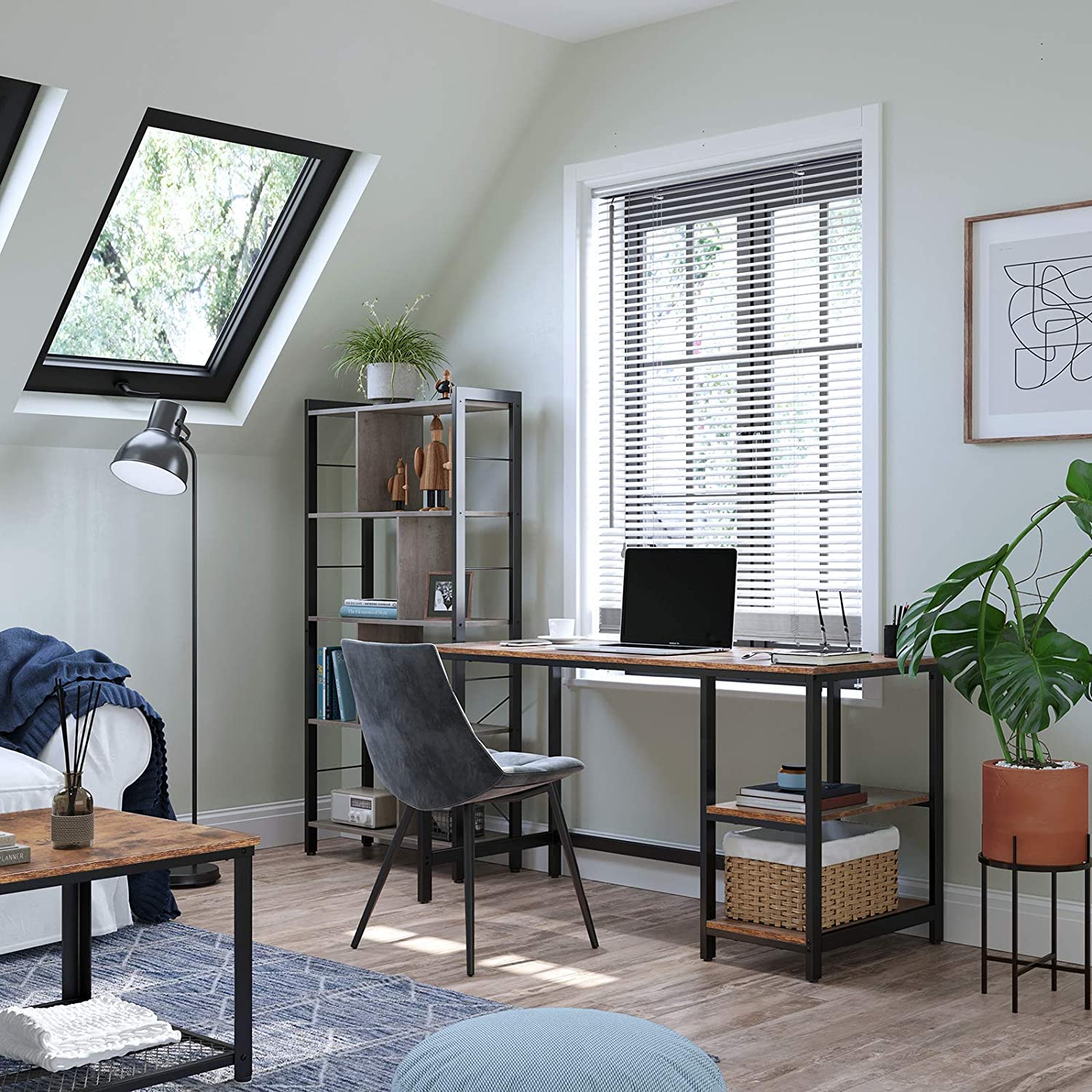 Industrial steel and wood office desk with shelving, modern home workspace setup