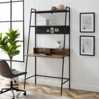 Ladder desk with wood shelves and metal frame in modern home office setting