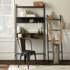 Modern ladder desk with shelves, black metal chair, and home office decor in bright room