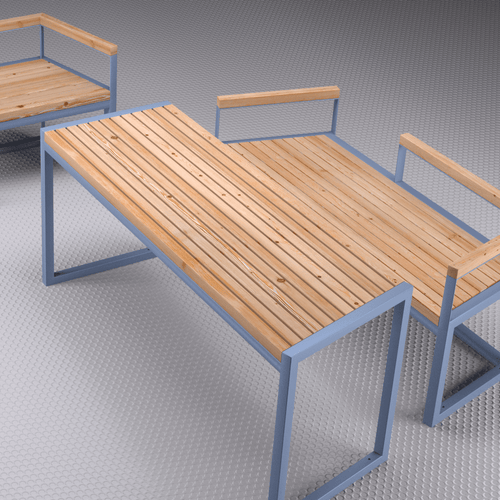 Outdoor rectangular wooden table with metal frame, seating for 4 to 6, modern patio furniture