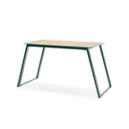 150 cm rectangular outdoor table with wood top and green metal legs, seats 4-6