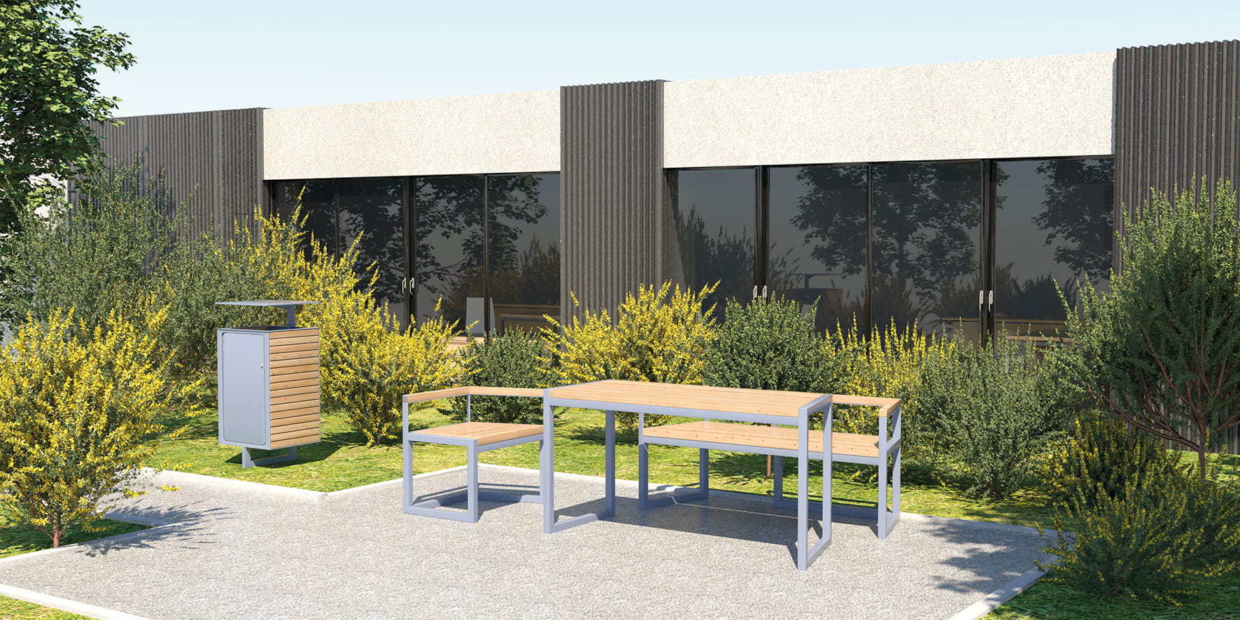 Modern outdoor table set with matching benches and metal frame, placed on patio by shrubs