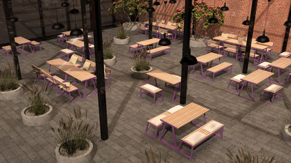 Outdoor terrace with modern wooden tables and benches, purple metal frames, and plants